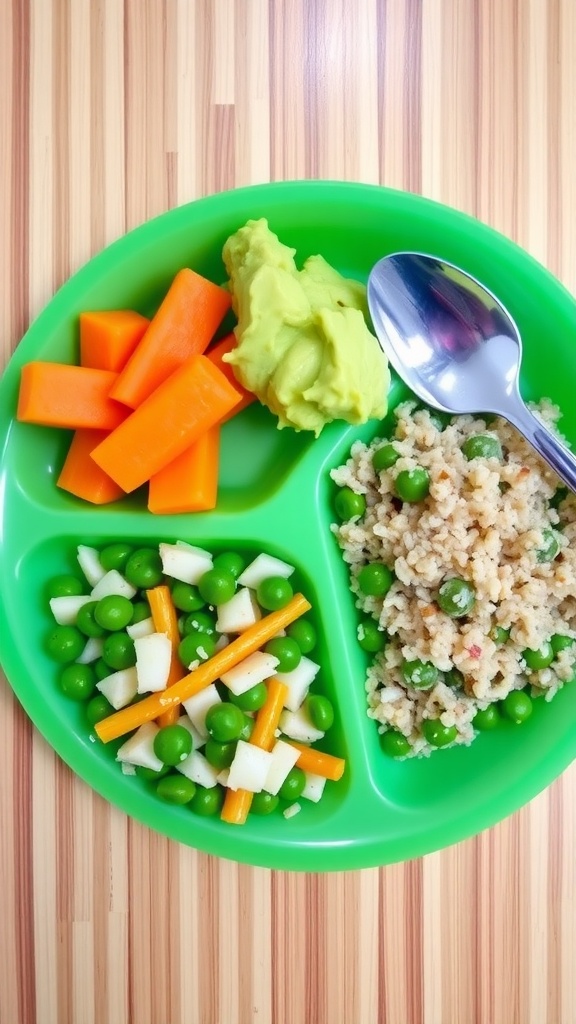 A nutritious baby dinner plate with carrots, avocado, and quinoa, designed for 9-month-old babies.